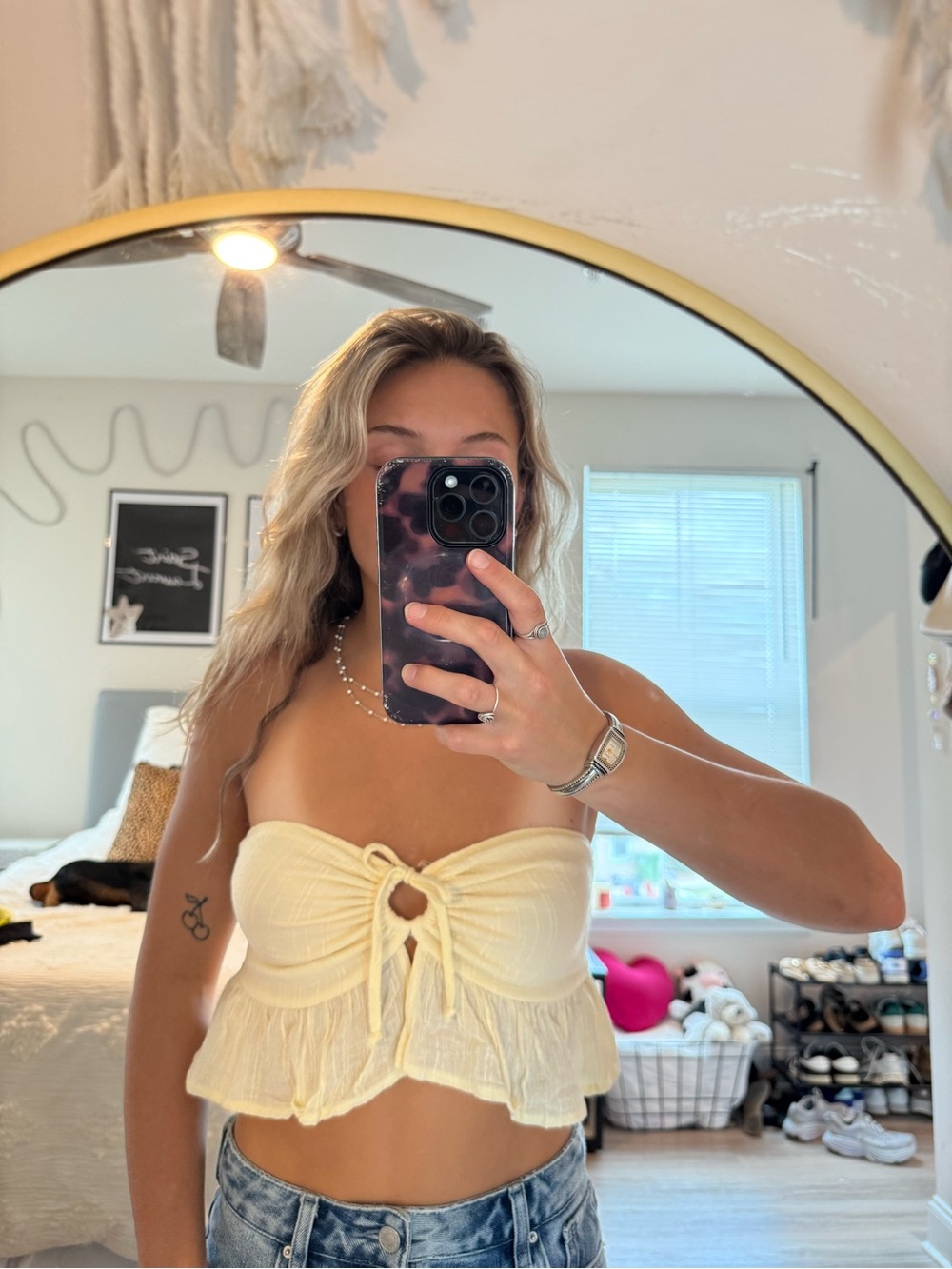 La Hearts Cream Smocked Tie-Front Strapless Crop Camisole